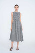 SMOCKED GINGHAM TIERED SLEEVELESS MIDI DRESS