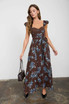 RUFFLE STRAP SWEETHEART CORSET FLORAL MIDI DRESS