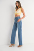 HIGH RISE PATCH POCKET WIDE LEG FLARE DENIM JEANS