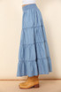 ELASTIC TIERED MIDI DENIM SKIRT