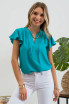 PLEATED SPLIT NECK FLUTTER SLEEVE TOP
