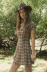 PLAID SHORT SLEEVE LACE TRIM FRONT TIE MINI DRESS