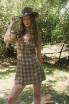 PLAID SHORT SLEEVE LACE TRIM FRONT TIE MINI DRESS