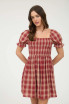 PLAID SMOCKED PUFF SLEEVE MIDI DRESS
