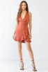 RUST SATIN SLEEVELESS V-NECK MINI DRESS
