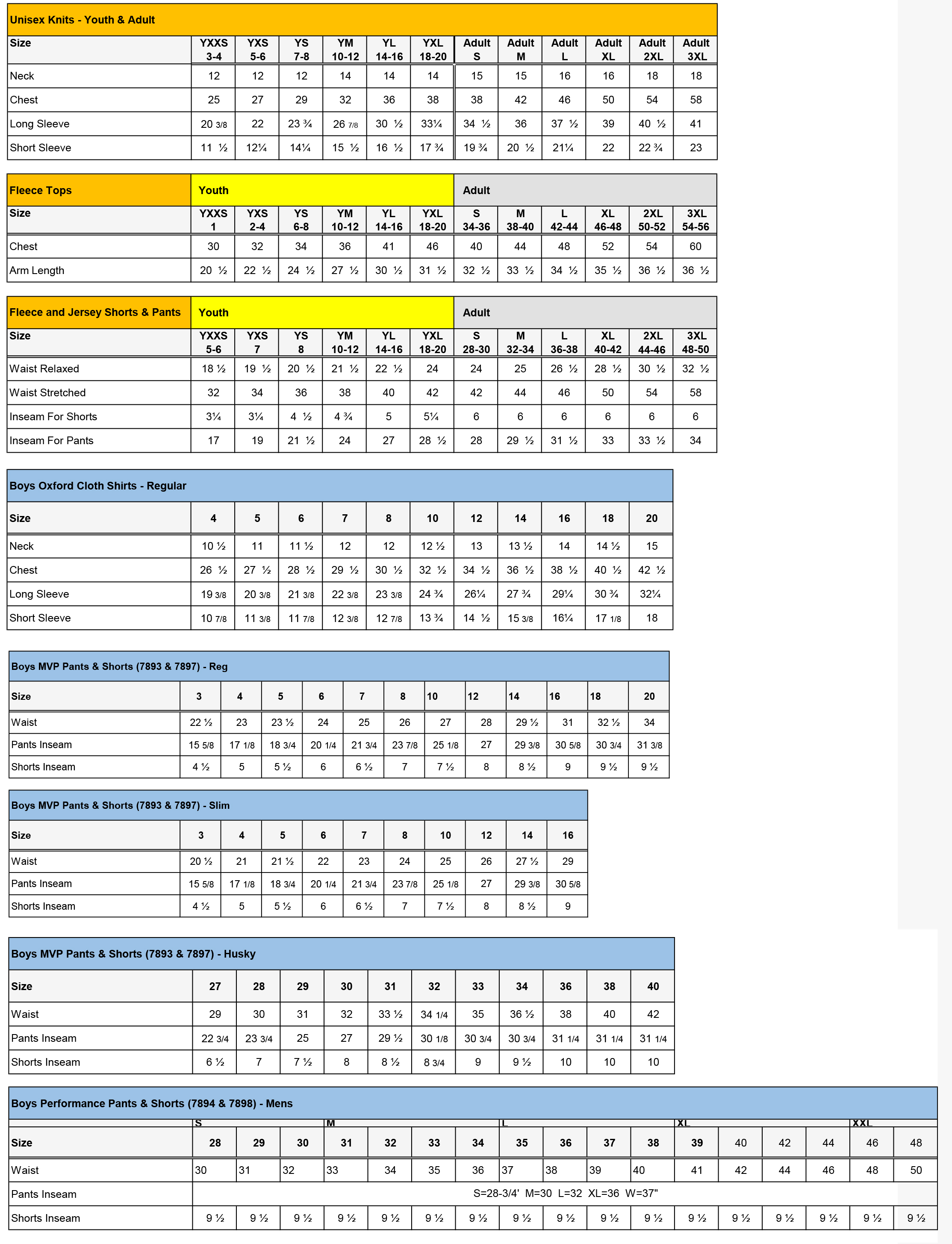 Boys & Mens Size Charts