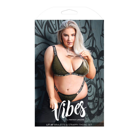FANTASY LINGERIE VIBES Adult Toy BO$$ BITCH Bra & Thong Panty Set Size QUEEN AF910 BLACK/GOLD FANTASY LINGERIE VIBES Adult Toy BO$$ BITCH Bra & Thong Panty Set Size QUEEN AF910 BLACK/GOLD