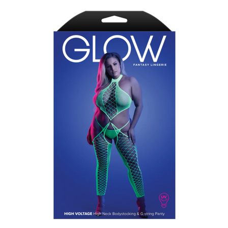 FANTASY LINGERIE GLOW Adult Toy High Voltage High Neck Bodystovling & G-String Panty Size QUEEN GL2138 NEON GREEN FANTASY LINGERIE GLOW Adult Toy High Voltage High Neck Bodystovling & G-String Panty Size QUEEN GL2138 NEON GREEN