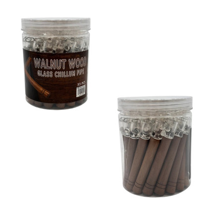 WALNUT WOOD GLASS CHILLUM PIPE 33ct/jar WALNUT WOOD GLASS CHILLUM PIPE 33ct/jar