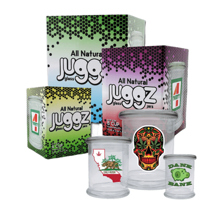 ALL NATURAL JUGGZ GLASS JAR A CUP , B CUP & C CUP JAR STACHE JAR - ASSORTED DESIGN