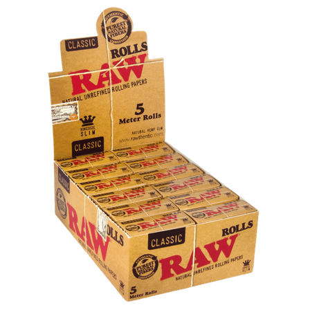 RAW CLASSIC ROLLS CLASSIC KING SIZE SLIM - 5 METER ROLLS - 24 in BOX RAW CLASSIC ROLLS CLASSIC KING SIZE SLIM - 5 METER ROLLS - 24 in BOX