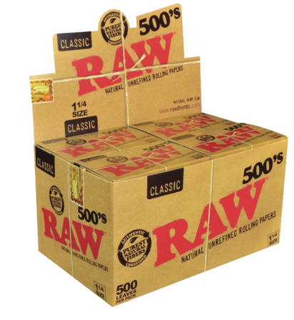 RAW 500's Classic Natural Unrefined Rolling Paper 1 1/4 79 mm - 20 pack per Box