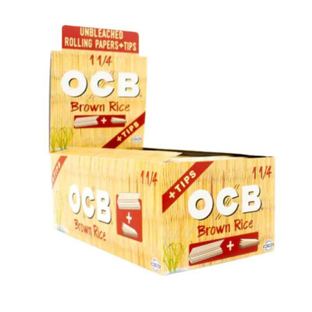 OCB BROWN RICE PAPER - SIZE 1 1/4 WITH TIPS - 24 BOOKLETS PER BOX