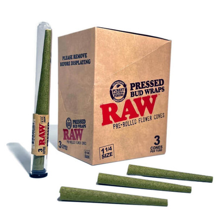RAW PRESSED BUD WRAP FLOWER CONES - 1 1/4 SIZE - 3 CONES PER TUBE - 12 TUBES BOX RAW PRESSED BUD WRAP FLOWER CONES - 1 1/4 SIZE - 3 CONES PER TUBE - 12 TUBES BOX