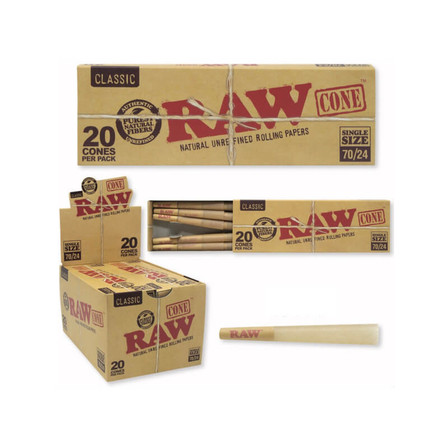 RAW CLASSIC CONES 70MM-24MM - 20 COUNT PER PACK - 12 PACKS PER DISPLAY RAW CLASSIC CONES 70MM-24MM - 20 COUNT PER PACK - 12 PACKS PER DISPLAY