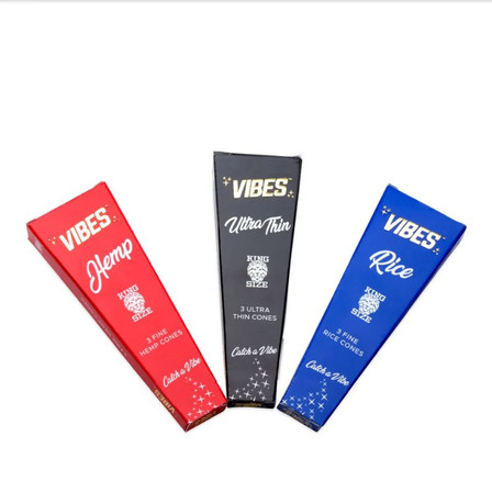 VIBES KING SIZE PRE ROLLED CONES - 3 CONES PER PACK - 30 PACK PER BOX VIBES KING SIZE PRE ROLLED CONES - 3 CONES PER PACK - 30 PACK PER BOX