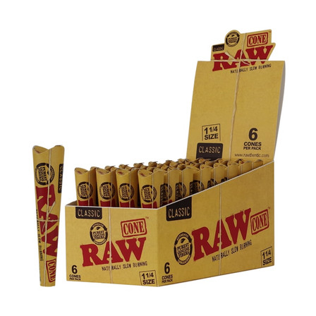 Raw - Classic Unrefined Pre Roll Cone - 1 1/4 - 6 Per Pack - 32 per display Raw - Classic Unrefined Pre Roll Cone - 1 1/4 - 6 Per Pack - 32 per display