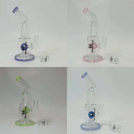 Helios Glass - 8 Inch Waterpipe - Bent Neck, Ribbed Ring With Donut Showerhead Perc and Banger
