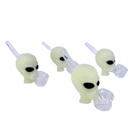 Handpipe 4 Inch Silicone With Glass - 4 Per Pack - Alien Head Glow in the Dark