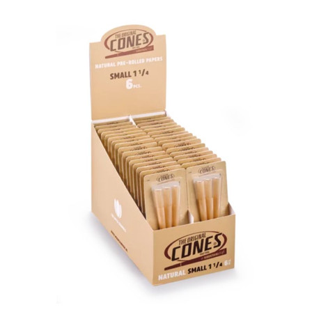 The Original Cones Natural Pre-rolled Papers Small 1 1/4 Size Cones 83mmx26mm - 6 Per Pack - 32 Counts Per Box -Blister Pack- Unbleached