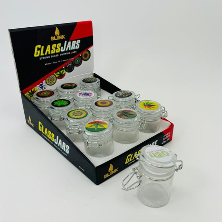 Blink Glass Jars With Latch Top Size - 3.5 grams - 62mm - 12 Per Display - Assorted Design Blink Glass Jars With Latch Top Size - 3.5 grams - 62mm - 12 Per Display - Assorted Design