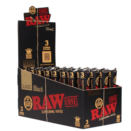 Raw - Classic Cones Black - King Size Bilk - 3 Pieces Per Pack - 32 Pack Per Display