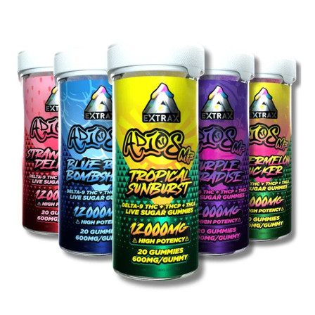 Extrax - Adios MF Live Sugar - Delta 9 - THC-A - THC-P - Gummies - 12000mg - 20 Counts Per Jar Extrax - Adios MF Live Sugar - Delta 9 - THC-A - THC-P - Gummies - 12000mg - 20 Counts Per Jar