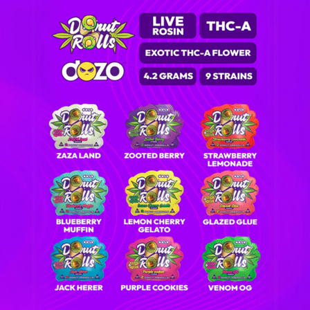 Dozo Donut Rolls Live Rosin THC-A Prerolls - 4.2 Grams - 2 Counts Per Pack Dozo Donut Rolls Live Rosin THC-A Prerolls - 4.2 Grams - 2 Counts Per Pack