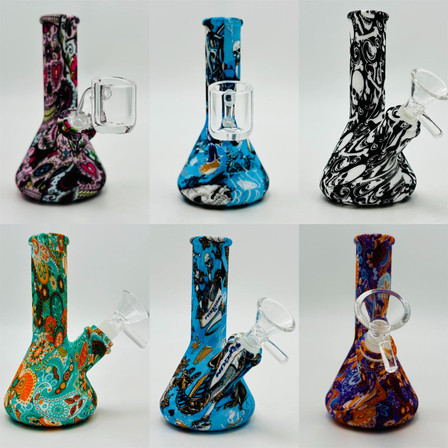 Printed Silicone Beaker Waterpipe - 5 Inch - with 14 mm Male Bowl or Banger - Assorted Colors and Designs Printed Silicone Beaker Waterpipe - 5 Inch - with 14 mm Male Bowl or Banger - Assorted Colors and Designs