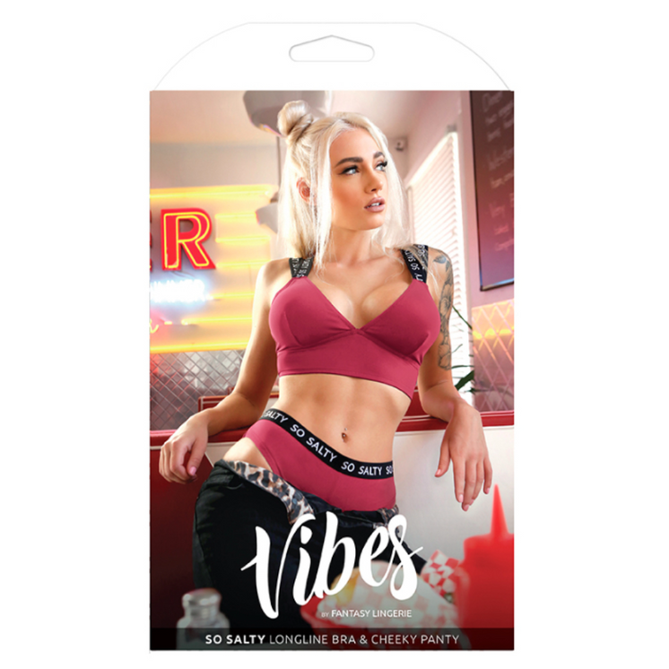 FANTASY LINGERIE VIBES Adult Toy SO SALTY LONGLINE BRA & CHEEKY PANTY Size S/M AF922 BERRY