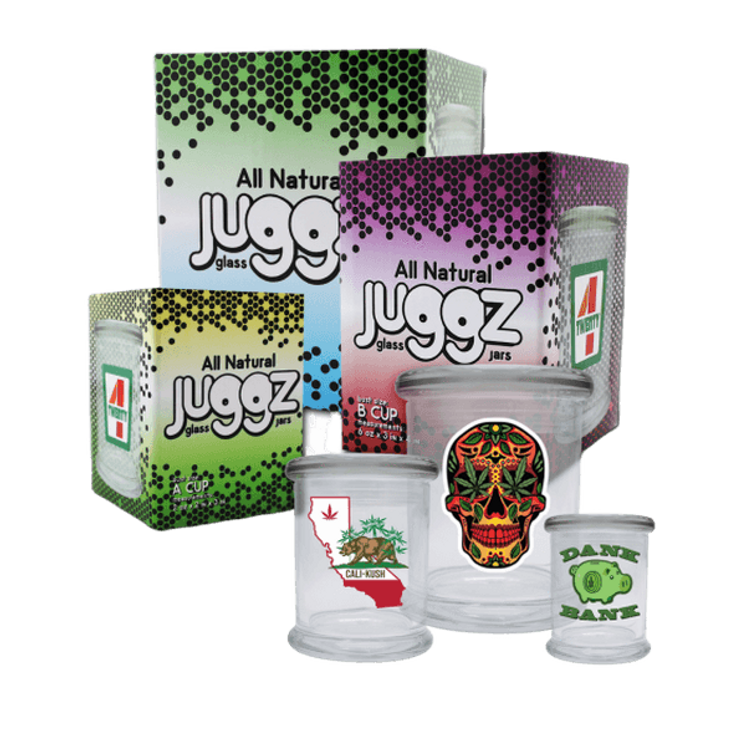 ALL NATURAL JUGGZ GLASS JAR A CUP , B CUP & C CUP JAR STACHE JAR - ASSORTED DESIGN