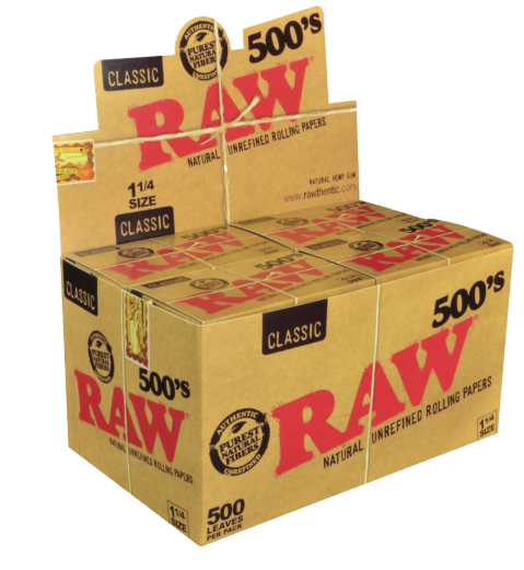 RAW 500's Classic Natural Unrefined Rolling Paper 1 1/4 79 mm - 20 pack per Box