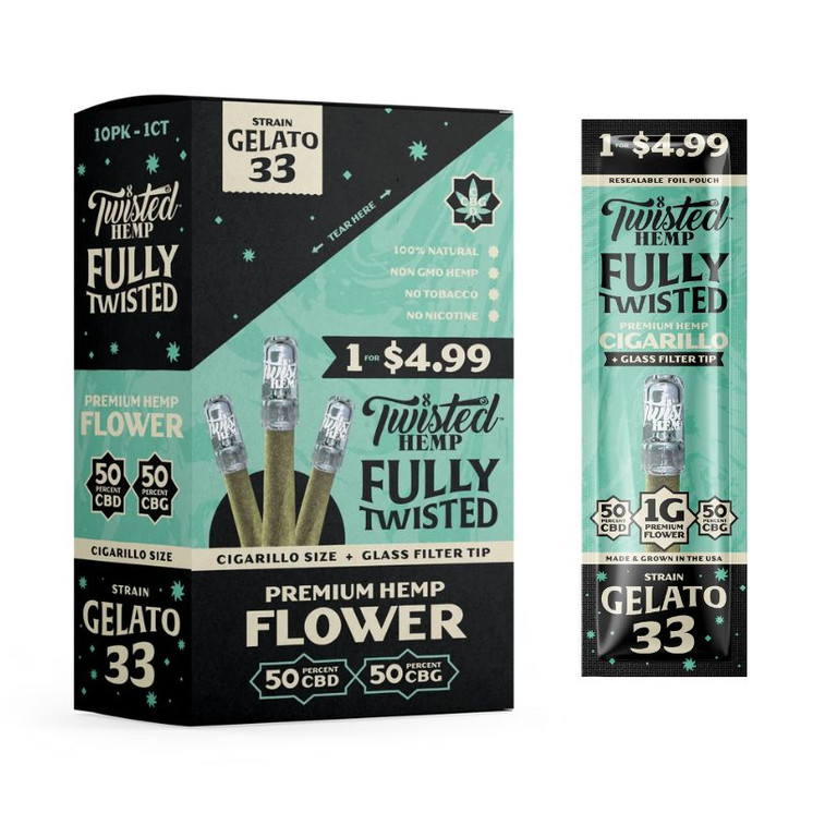 Twisted Hemp - Fully Twisted With Glass Blunt - 50°CBD / 50°CBG -  1 Wrap Per  Pack - 10 Packs Per Box