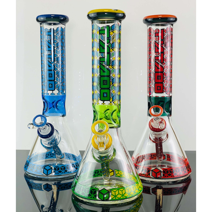 WATERPIPE 12" INCH - TATTOO BEAKER WITH ICE PINCHER, DESIGN TUBE AND VASE - ASSORTED