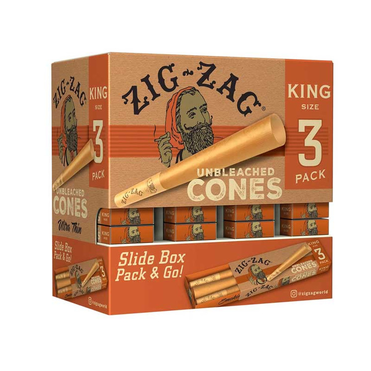ZIG ZAG UNBLEACHED CONES KING SIZE - 3 PER PACK - SLIDER BOX DISPLAY