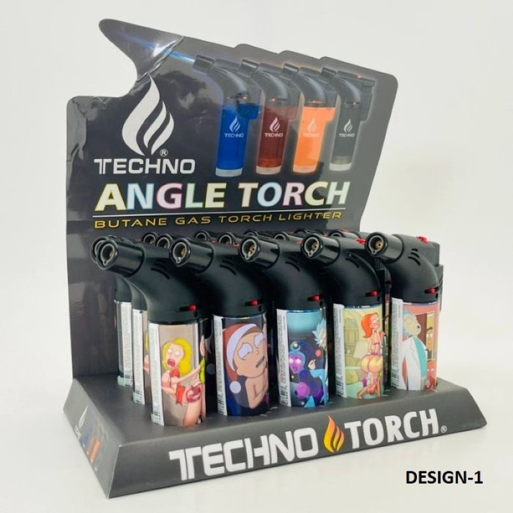 Techno Torch - Angle Gun Assorted Print - 15 Lighter Per Display