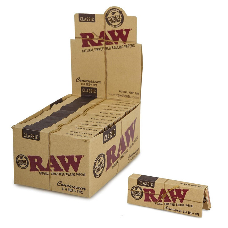 Raw Connoisseur Rolling Paper With Tips - 1 1/4 Size - 24 Packs Per Box