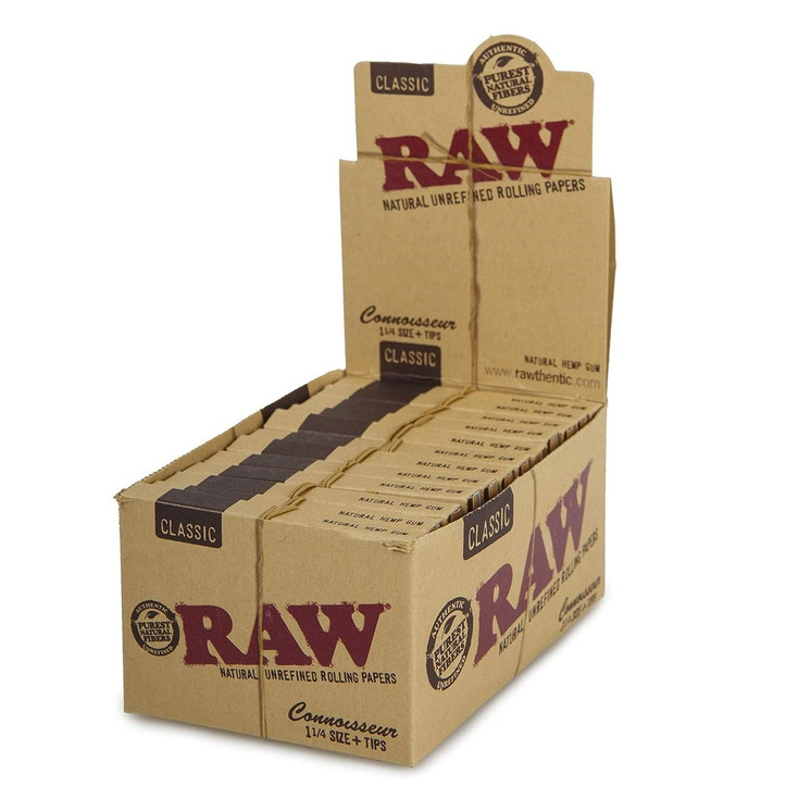 Raw Connoisseur Rolling Paper With Tips - 1 1/4 Size - 24 Packs Per Box