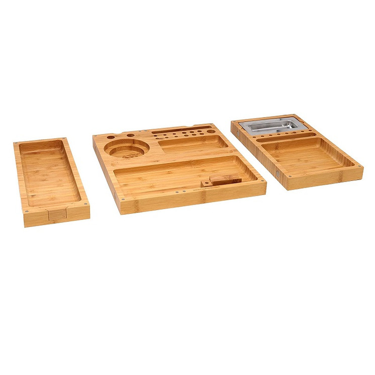 Raw Triple Flip Bamboo Magnet Rolling Tray With Built-in Ashtray