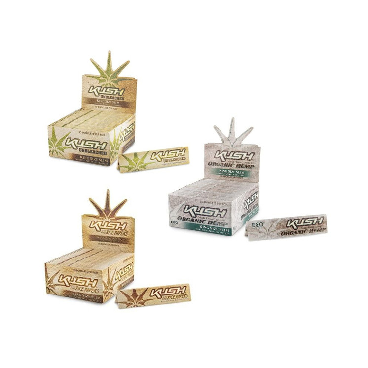 Kush King Size Rolling Papers Unbleached Organic Hemp Rice 50 Booklets Box