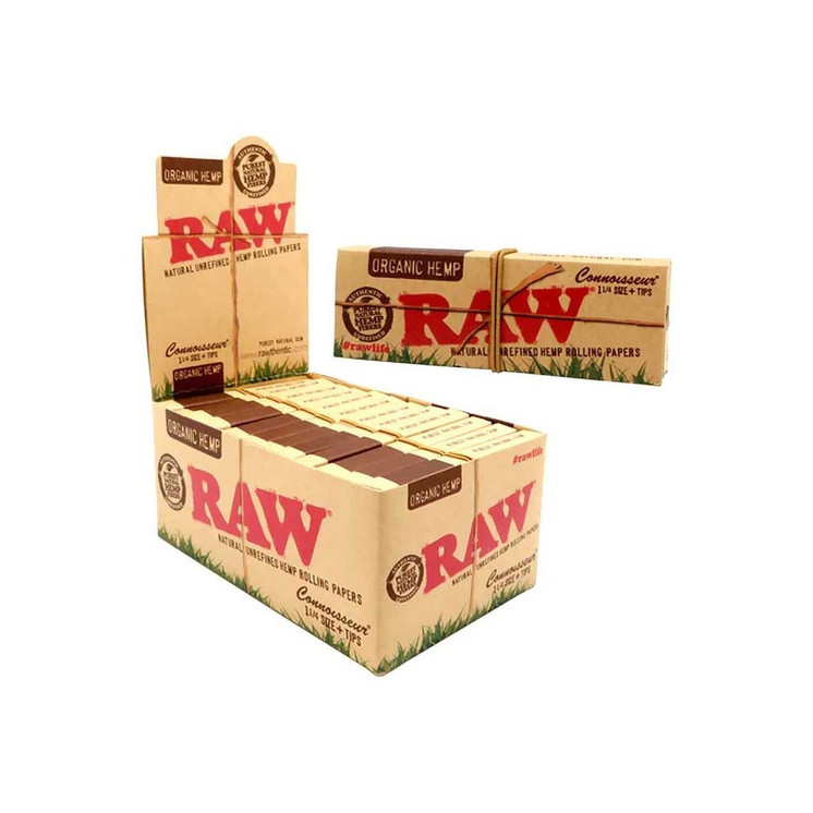 RAW Organic Hemp Connoisseur Rolling Papers 1 1/4 Size with Tips – 24 Pack Box