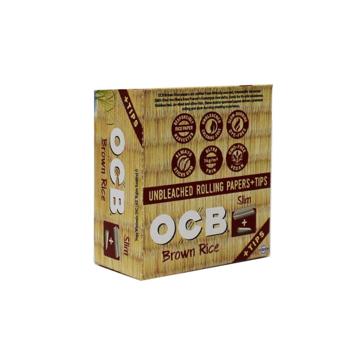 OCB Brown Rice Slim Rolling Papers With Tips 24 Packs Per Display