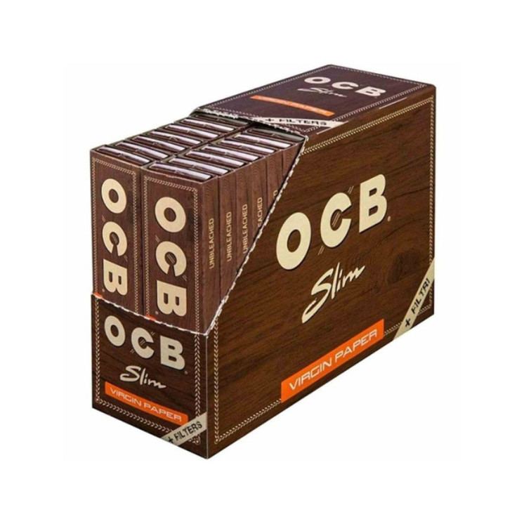 OCB Virgin Unbleached Slim Rolling Papers With Tips 24 Packs Per Box