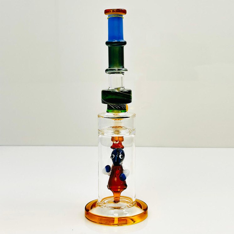 Waterpipe 12" Inch - With Multi Rings Tube and Character Showerhead Perc -amber color