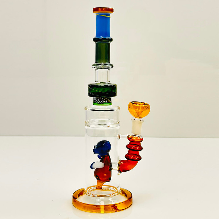 Waterpipe 12" Inch - With Multi Rings Tube and Character Showerhead Perc -amber color