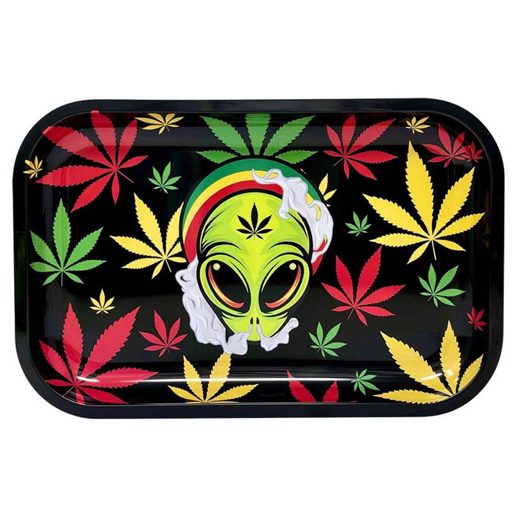 Green Line Metal Rolling Tray - Medium - 11" X 7.5"-rasta alien leaf