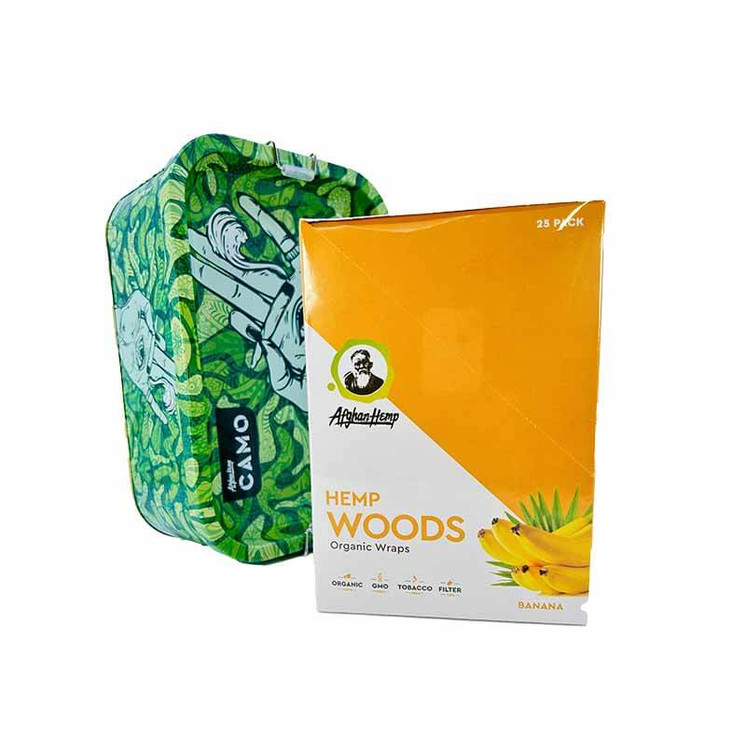 Afghan Hemp Camo Stashbox Kit With Tray + Hemp Woods - 25 Wraps Pack Per Box