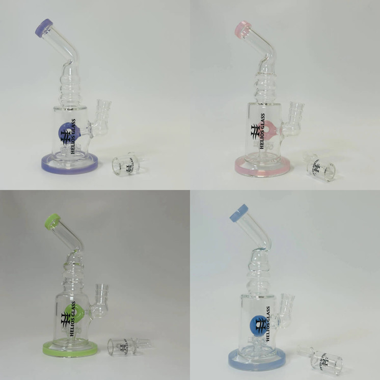Helios Glass - 8 Inch Waterpipe - Bent Neck, Ribbed Ring With Donut Showerhead Perc and Banger