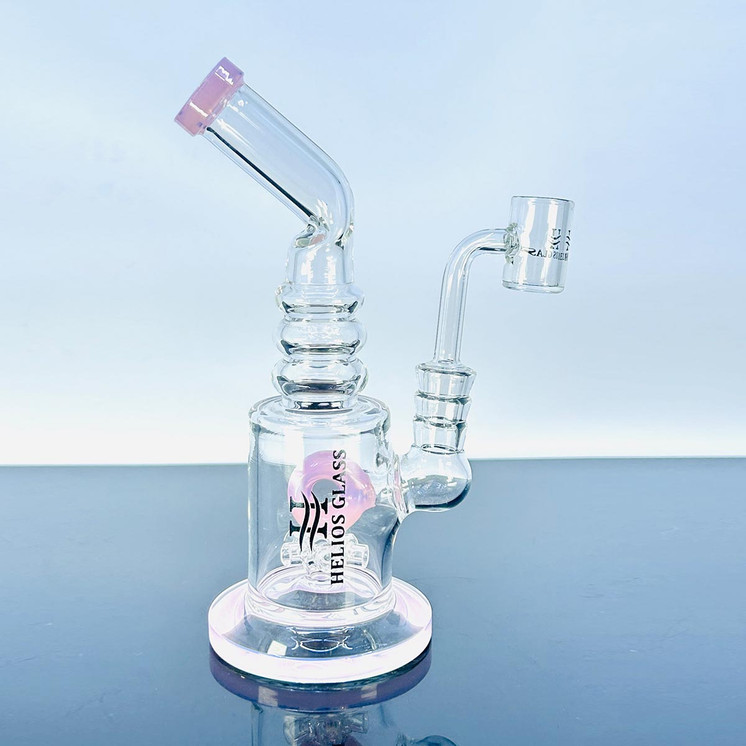 WPTG120 - Helios Glass - 8 Inch Waterpipe - Bent Neck, Ribbed Ring With Donut Showerhead Perc and Banger - Assorted Colors - Price Per Piece