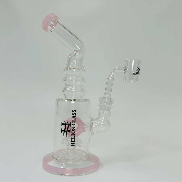Helios Glass - 8 Inch Waterpipe - Bent Neck, Ribbed Ring With Donut Showerhead Perc and Banger-Pink